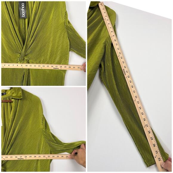 Boohoo Green 14 Pleated Twist Front Stretch Midi Dress Dolman Sleeve Look Party - Picture 5 of 10